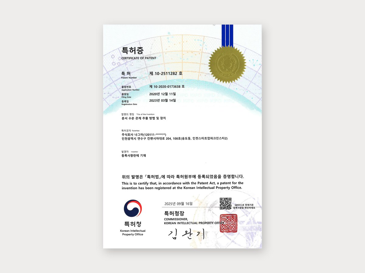 특허증 — 문서 수준 관계 추출 방법 및 장치